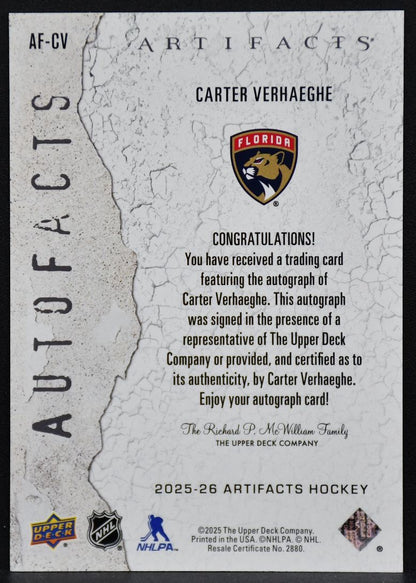 2025-26 UD Artifacts Autofacts Carter Verhaeghe AF-CV Florida Panthers Auto 4498