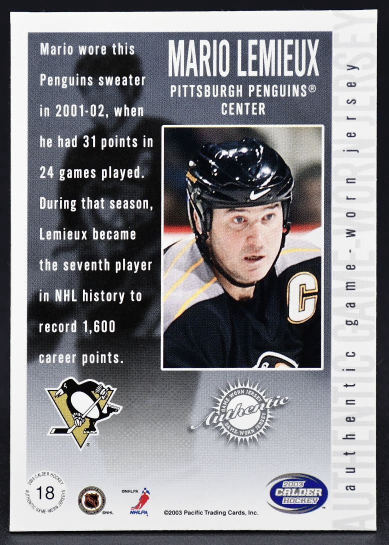 Maillot authentique porté en match par Mario Lemieux (n° 18) lors de la saison 2003-2004, Pacific Calder.