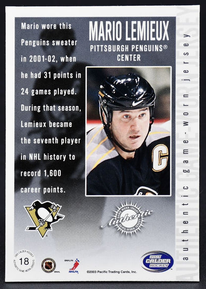 Maillot authentique porté en match par Mario Lemieux (n° 18) lors de la saison 2003-2004, Pacific Calder.