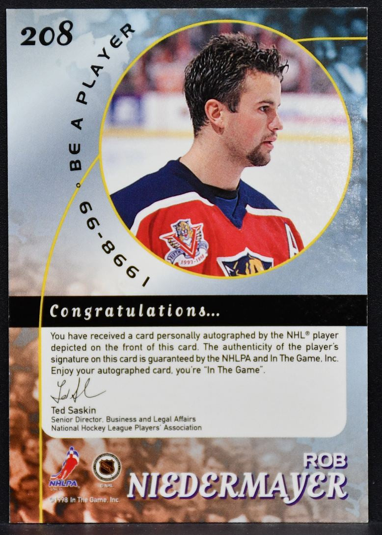 1998-99 Be a Player Autographs Rob Niedermayer 208 Florida Panthers Auto
