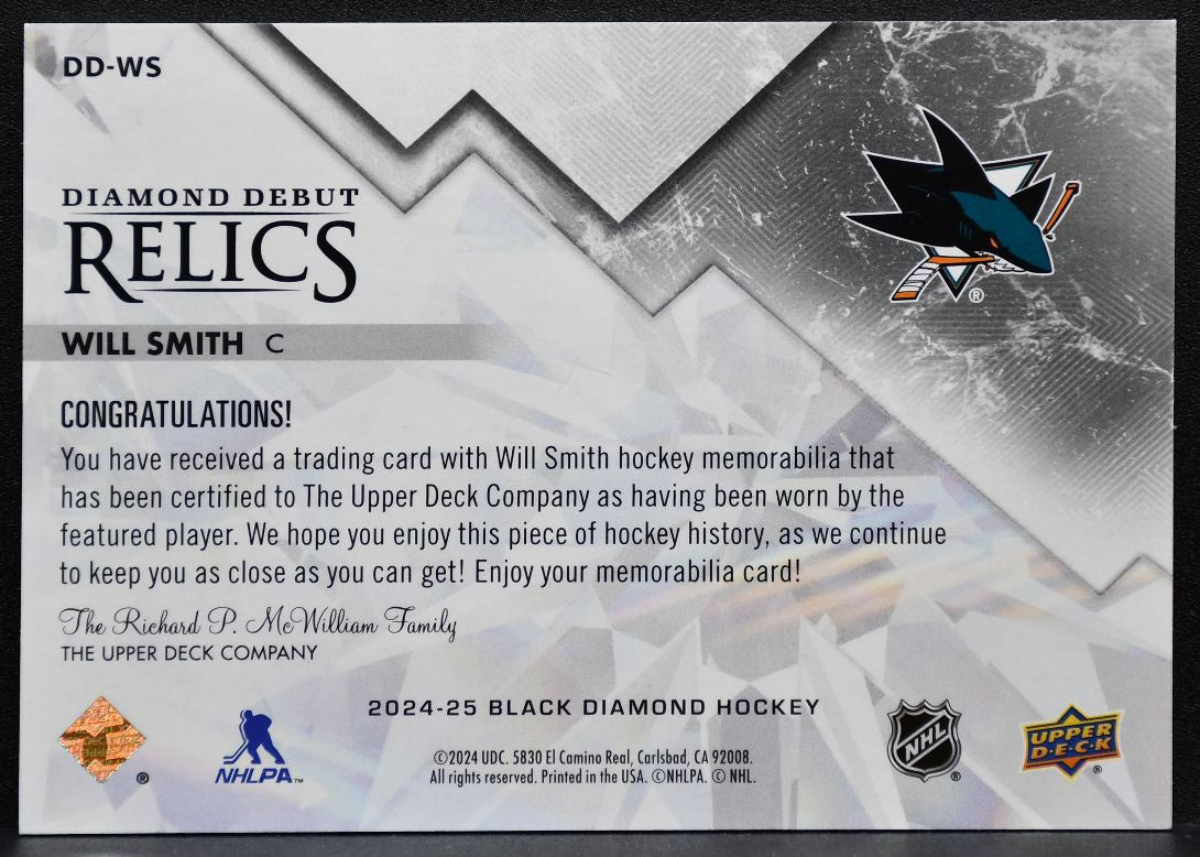 2024-25 UD Black Diamond Debut Relics Jersey Will Smith Sharks RC Jersey 2423