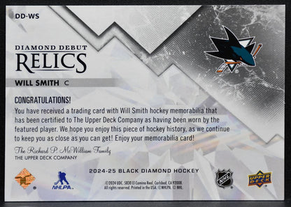 2024-25 UD Black Diamond Debut Relics Jersey Will Smith Sharks RC Jersey 2423
