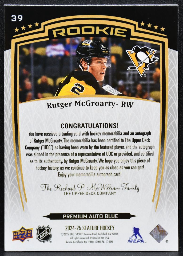 2024-25 UD Stature Premium Blue McGroarty 39 Penguins RC Auto 08/10 Patch 4791
