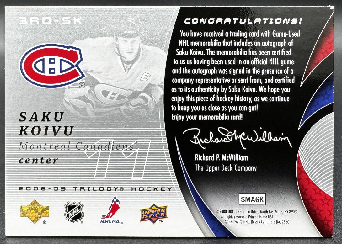 Maillot UDTrilogy 3e étoile Scripted Swatches Saku Koivu Auto /100 (édition limitée 2008-2009)