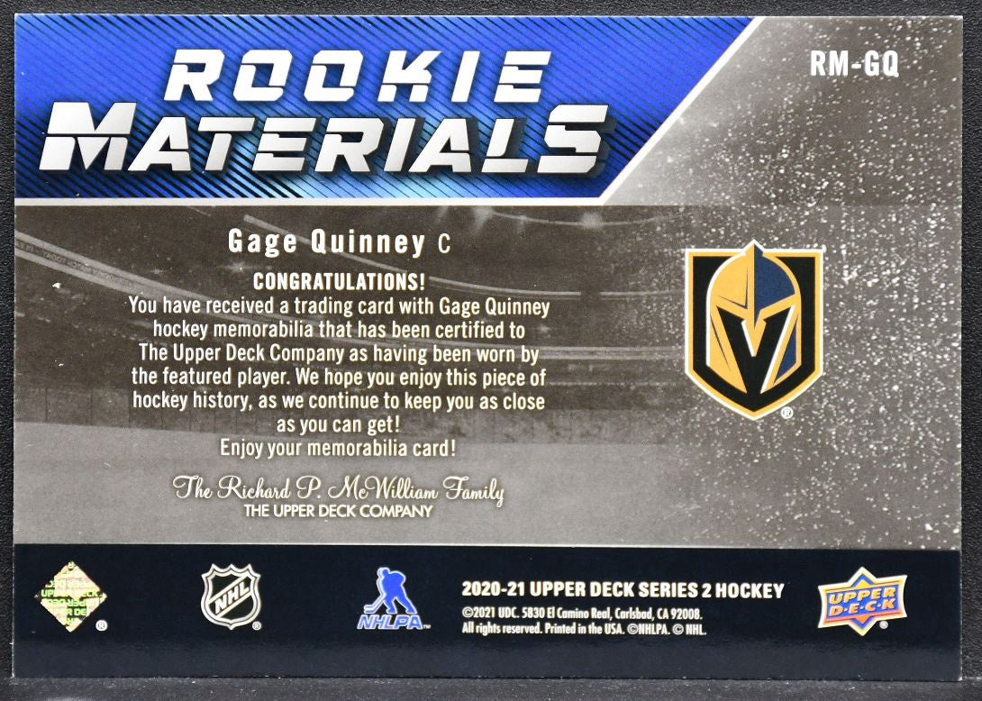 2020-21 UD Series 2 RC Materials Gage Quinney RM-GQ Vegas Knights RC Jersey 3347