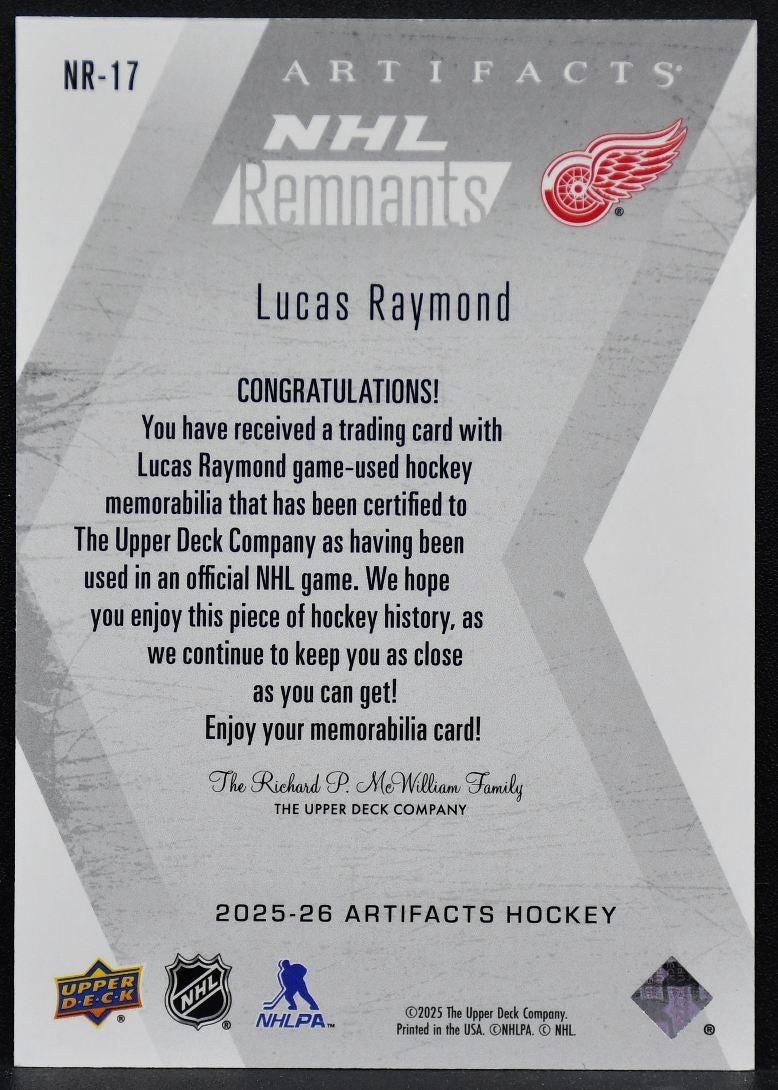 2025-26 UD Artifacts NHL Remnants Lucas Raymond NR-17 Detroit Red Wings Jersey 3804