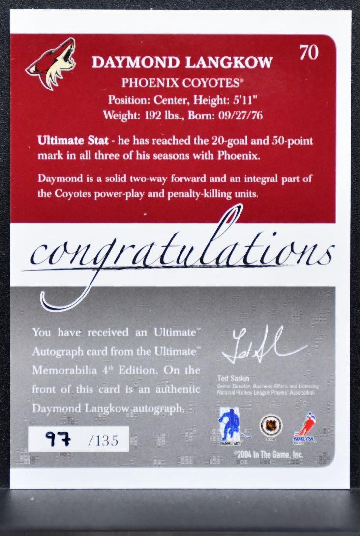 2003-04 Be a Player Ultimate Autograph Langkow Phoenix Coyotes Auto 97/135 9687