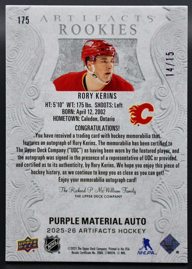 2025-26 UD Artifacts Rory Kerins 175 Calgary Flames RC Auto 14/15 Patch