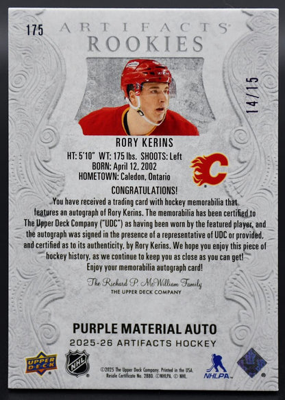 2025-26 UD Artifacts Rory Kerins 175 Calgary Flames RC Auto 14/15 Patch