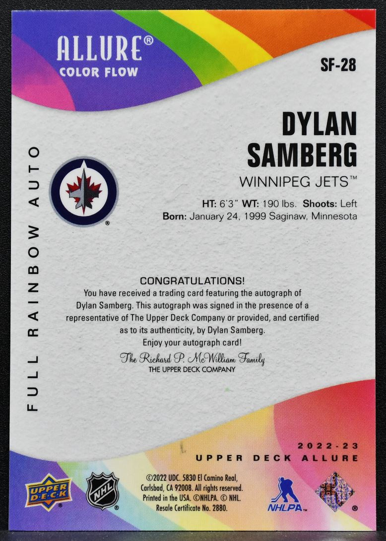 2022-23 Upper Deck Allure Color Flow Dylan Samberg SF-28 Winnipeg Jets Auto 3154