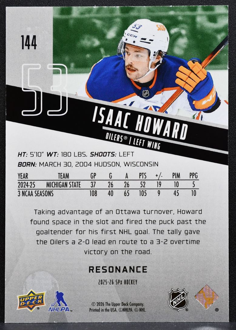 2025-26 SPx Rookies Resonance Isaac Howard 144 Edmonton Oilers RC 136/150 0887