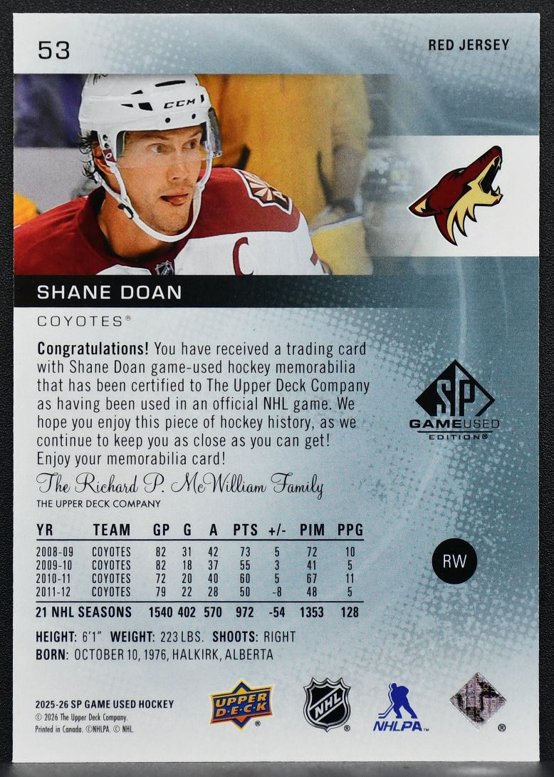 2025-26 SP Game Used Greats Red Jersey Shane Doan 53 Arizona Coyotes Jersey 7015