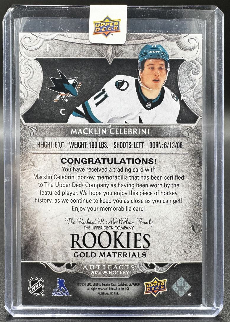 2024-25 UD Artifacts Rookies Macklin Celebrini San Jose Sharks RC Jersey