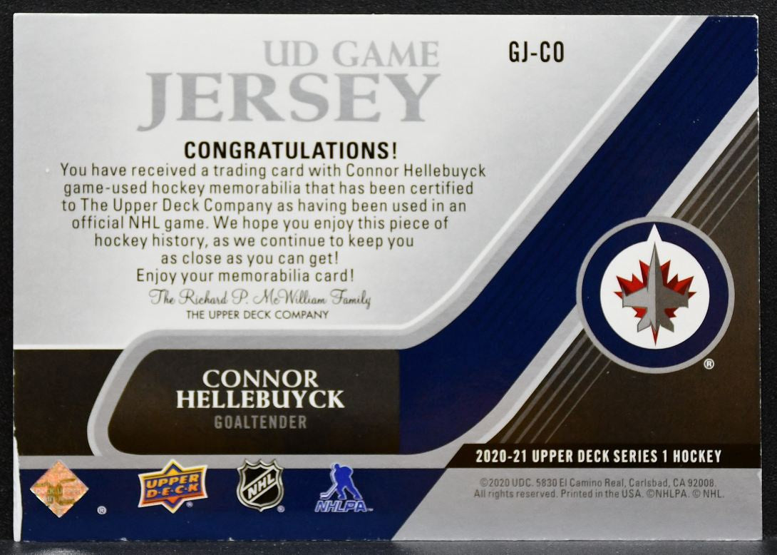 2020-21 Upper Deck UD Game Jersey Connor Hellebuyck GJ-CO Jets Jersey 6418