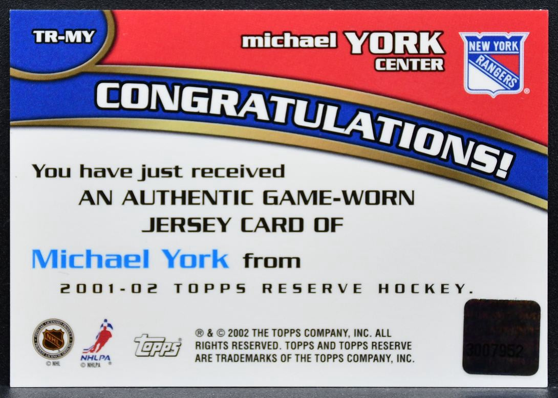2002-03 Topps Reserve Jersey Michael York TR-MY New York Rangers Jersey 9790