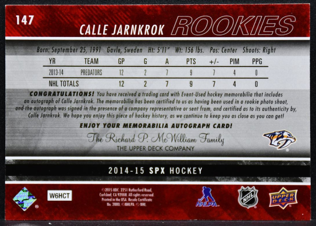 2014-15 SPx Rookie Auto Jersey Calle Jarnkrok 147 RC Auto 047/399 Jersey 4129