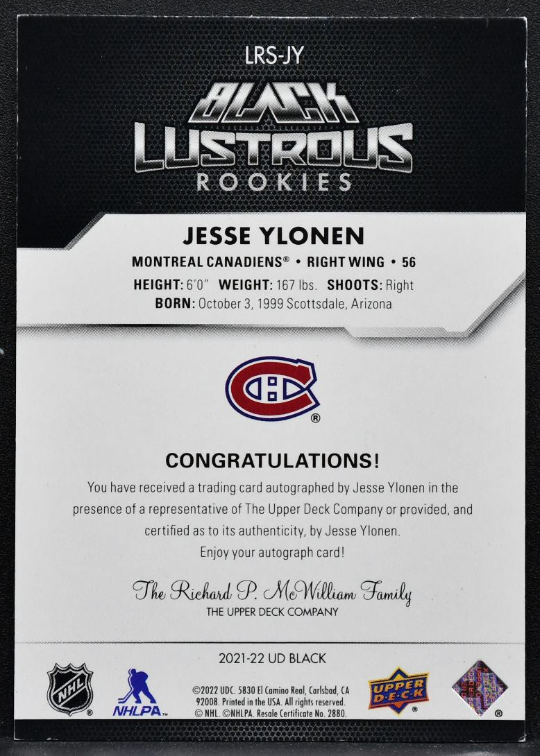 2021-22 SPx UD Black Lustrous Rookies Auto Jesse Ylonen Canadiens RC Auto 7054