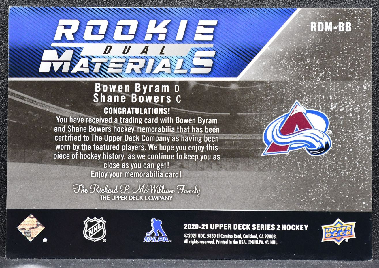 2020-21 UD Series 2 Rookie Dual Materials Byram/Bowers Avalanche RC Jersey 3536