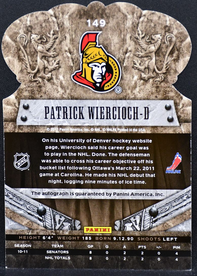2011-12 Panini Crown Royale Auto Patrick Wiercioch 149 Senators RC Auto 9437