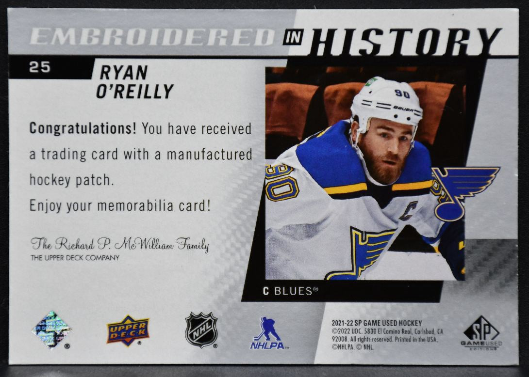 21-22 SP Game Used Embroidered in History Ryan O'Reilly 25 St. Louis Blues Patch 6430