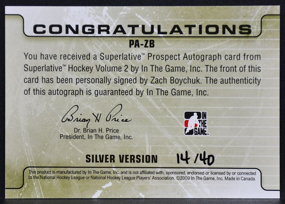 2009-10 ITG Superlative Silver Version Prospect Boychuk PA-ZB Auto 14/40 9673