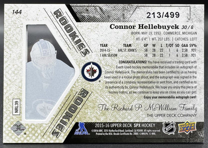 2015-16 SPx Connor Hellebuyck 144 Winnipeg Jets RC Auto 213/499 Jersey