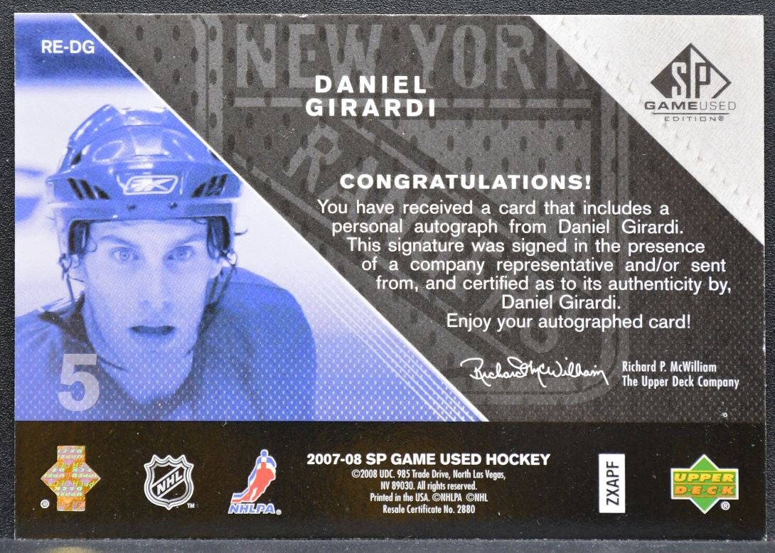 2007-08 SP Game Used Rookie Exclusives Autographs Daniel Girardi RC Auto 1687