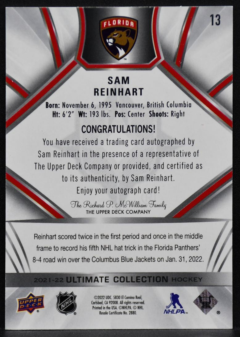 2021-22 UD Ultimate Collection Autographs Sam Reinhart 13 Florida Panthers Auto