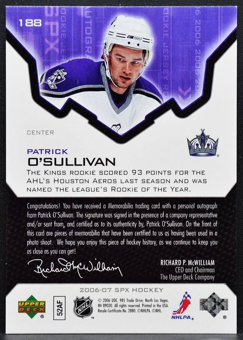 2006-07 SPx Rookie Jersey Auto Patrick O'Sullivan 188 Kings RC Auto 714/799 5869