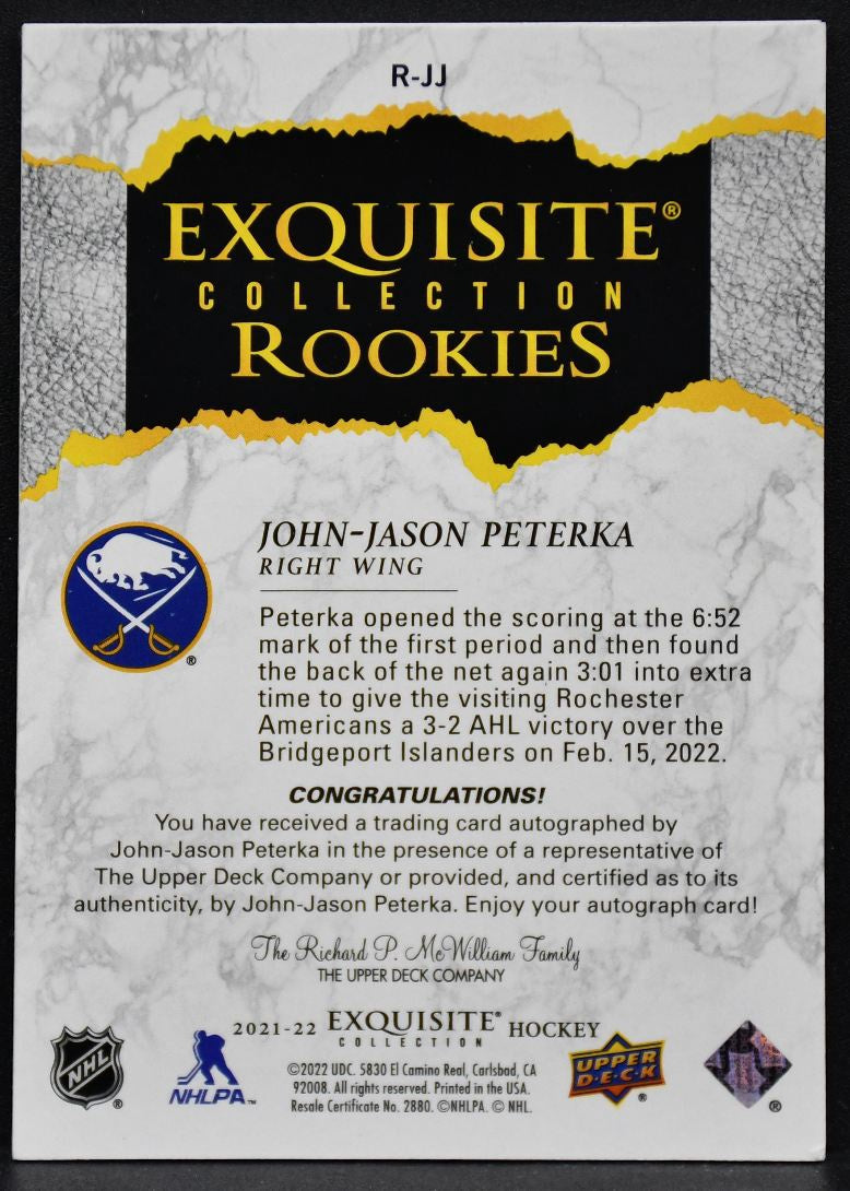 2021-22 UD Exquisite Collection RC John-Jason Peterka R-JJ Sabres RC Auto 75/99 5723