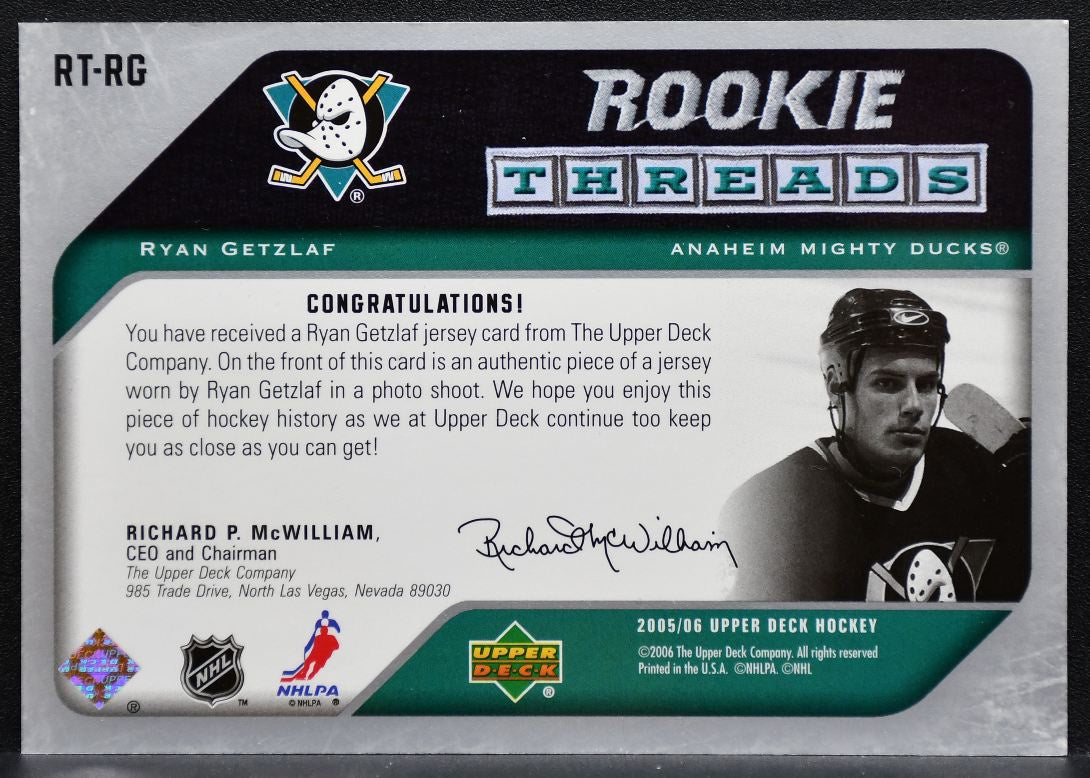 2005-06 Upper Deck Rookie Threads Ryan Getzlaf RT-RG Mighty Ducks RC Jersey 0905