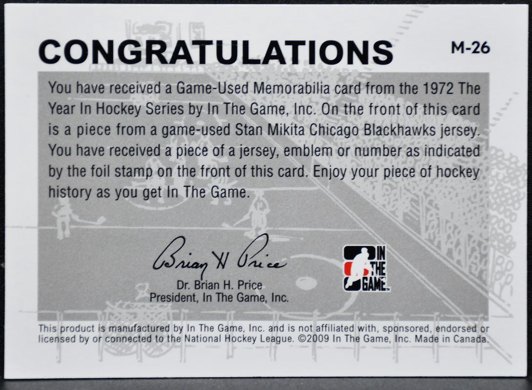 2009-10 ITG 1972 Year Hockey Used Jersey Black Mikita Blackhawks Jersey 0863