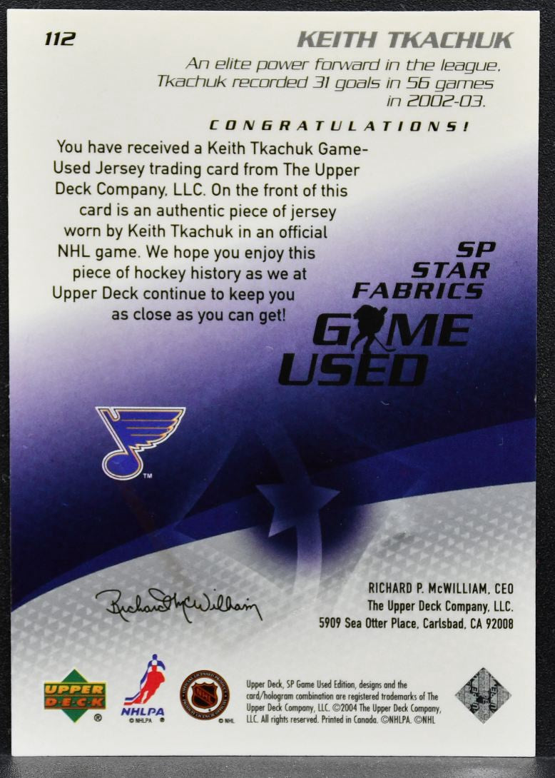 2003-04 SP Game Used Star Fabrics Keith Tkachuk 112 St. Louis Blues Jersey 2303