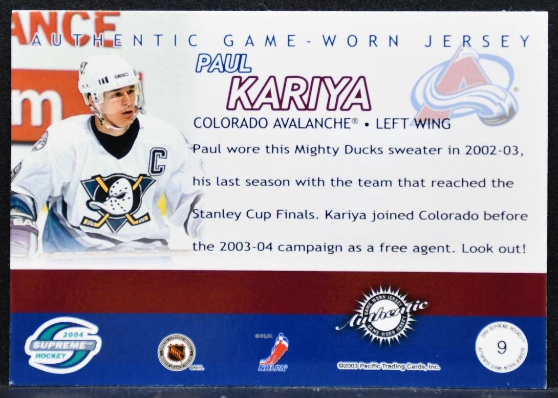 2003-04 Pacific Supreme Jerseys Paul Kariya 030/500 Jersey 8499