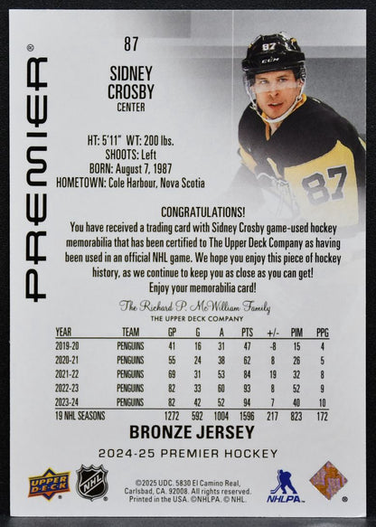2024-25 Upper Deck Premier Bronze Jersey Sidney Crosby 87 Penguins Jersey 6302