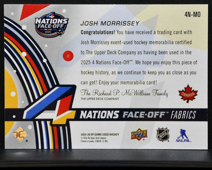 2025-26 SP Game Used 4 Nations Face Off Fabrics Josh Morrissey Jersey 0726