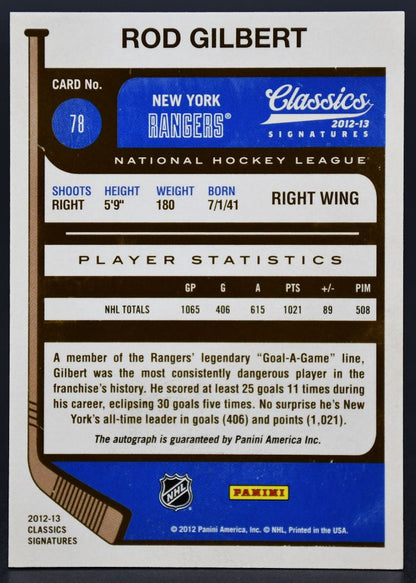 Carte autographiée de Rod Gilbert (New York Rangers) de la collection Panini Classics Signatures 2012-2013