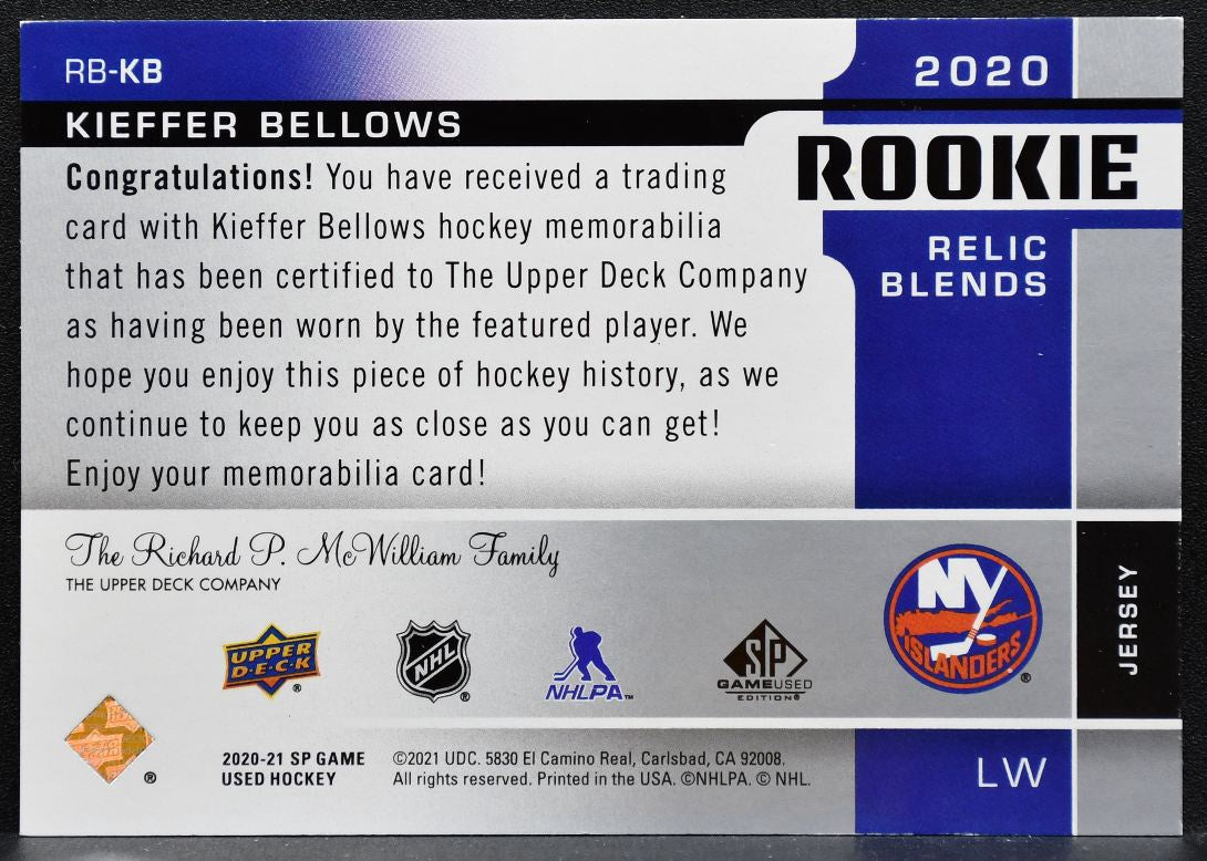 2020-21 SP Game Used Rookie Relic Blends Kieffer Bellows RC 070/150 Jersey 3087