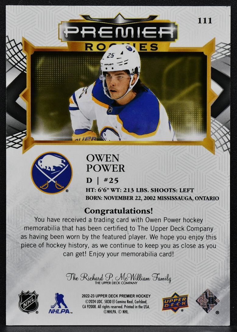 2022-23 UD Premier Rookies Jersey Owen Power 111 Buffalo Sabres RC Jersey 3209