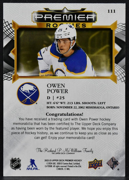 2022-23 UD Premier Rookies Jersey Owen Power 111 Buffalo Sabres RC Jersey 3209