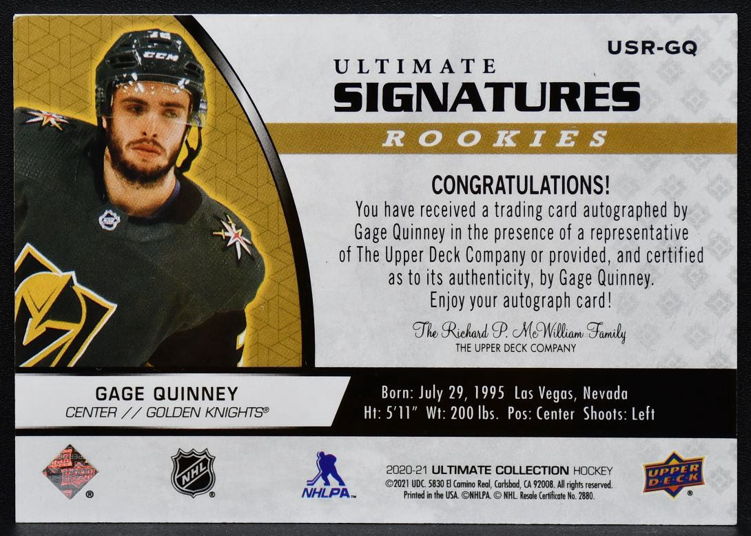 2020-21 UD Ultimate Collection Gage Quinney USR-GQ Golden Knights RC Auto 2247