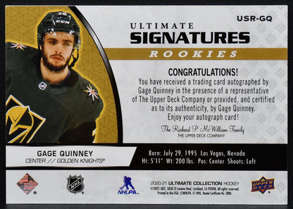 2020-21 UD Ultimate Collection Gage Quinney USR-GQ Golden Knights RC Auto 2247