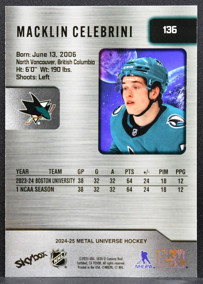 2024-25 SkyBox Metal Universe Rookie Macklin Celebrini 136 Sharks RC 4292