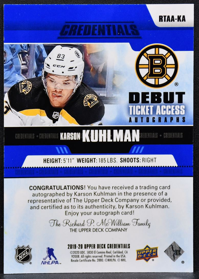 2019-20 UD Credentials Debut Ticket Access Blue Kuhlman RTAA-KA RC Auto 2774