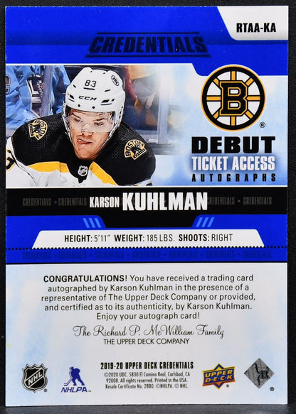 2019-20 UD Credentials Debut Ticket Access Blue Kuhlman RTAA-KA RC Auto 2774