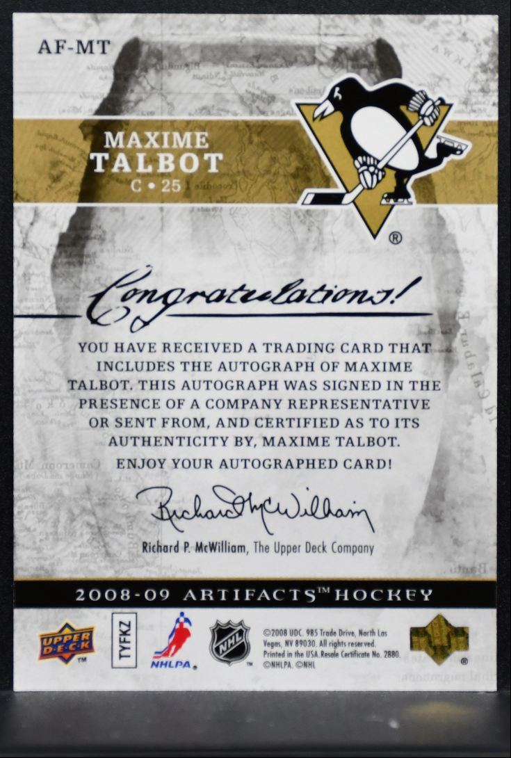 2008-09 Upper Deck Artifacts Auto-Facts Maxime Talbot AF-MT Penguins Auto 3827