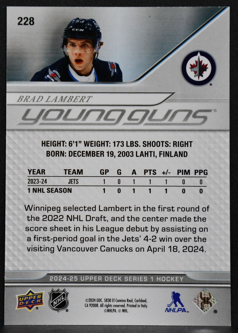 24-25 UD Series 1 UD Exclusives Young Guns Brad Lambert 228 Jets RC 057/100 6514