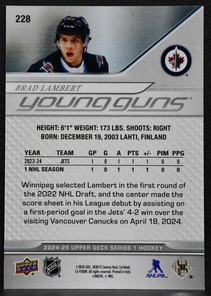 24-25 UD Series 1 UD Exclusives Young Guns Brad Lambert 228 Jets RC 057/100 6514