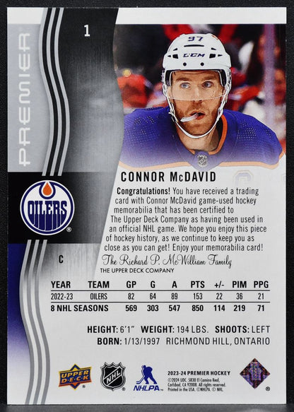 2023-24 UD Premier Memorabilia Jersey Connor McDavid 1 Oilers Jersey 6057
