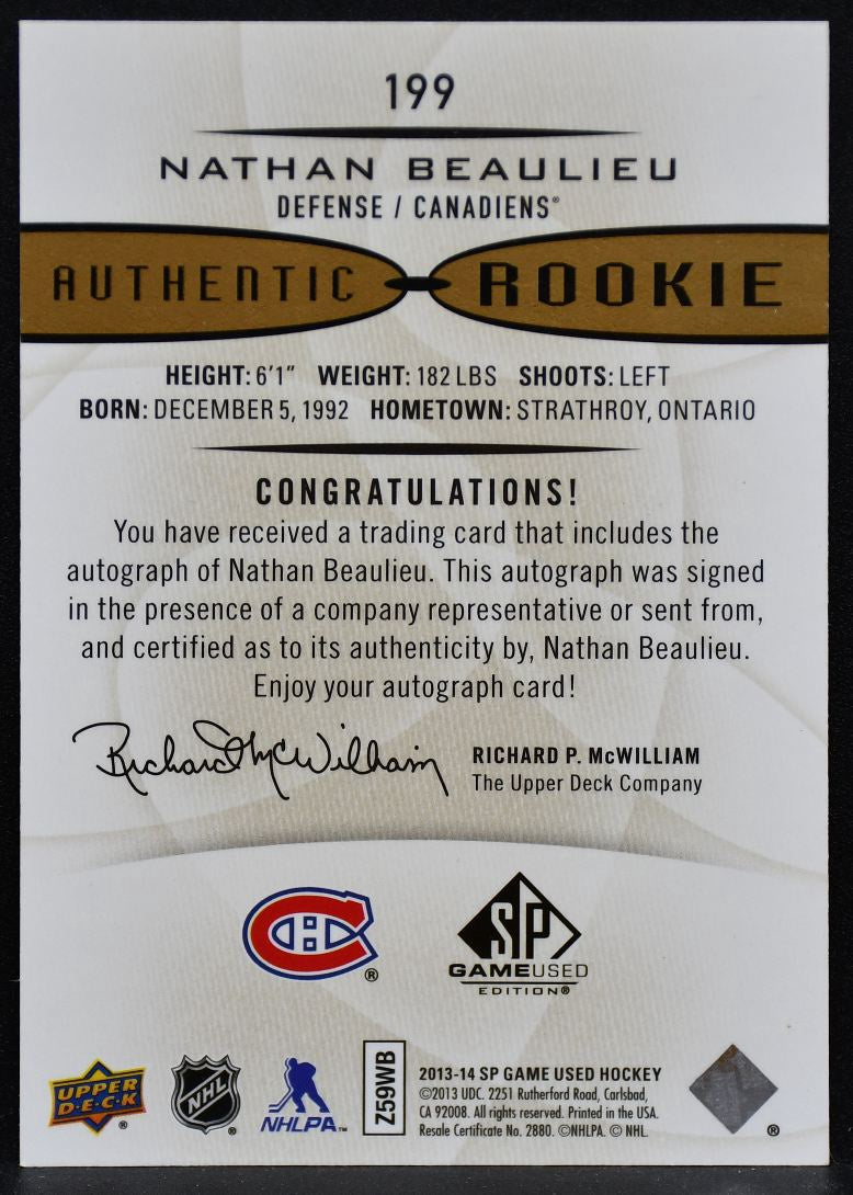 2013-14 SP Game Used Gold Authentic Nathan Beaulieu 199 Canadiens RC Auto 5996